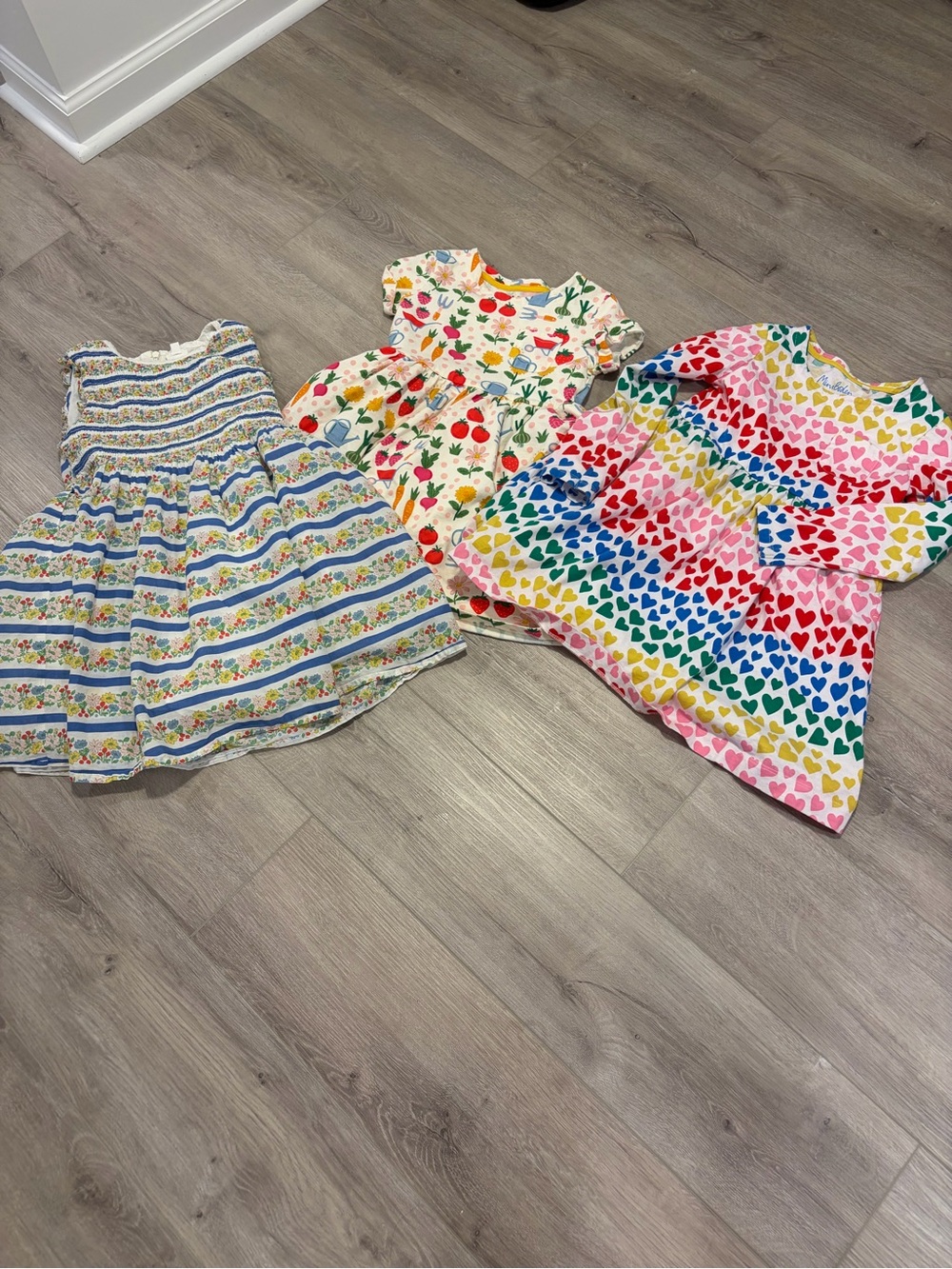 Mini Boden Girls' bundle Heart Rainbow, Strawberry & Blue Floral Dresses - Multi